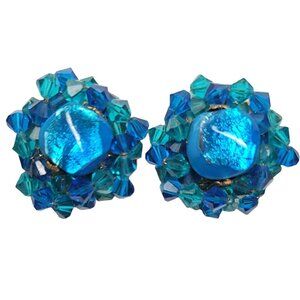 Blue Art Glass Crystal Bicone Wire Cluster Clip-On Earrings